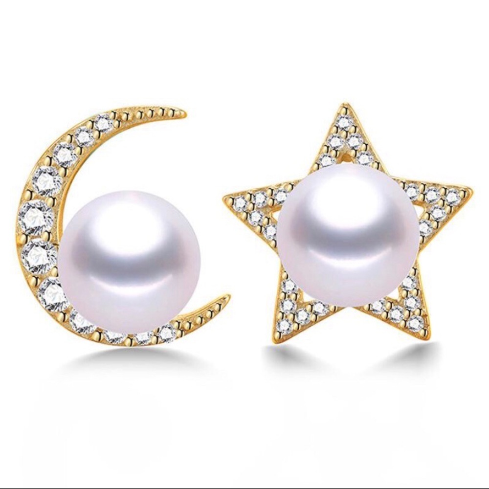 Pearl Sterling Gold Star Moon Stud Boho Earrings Mermaid-Core Mermaidcore